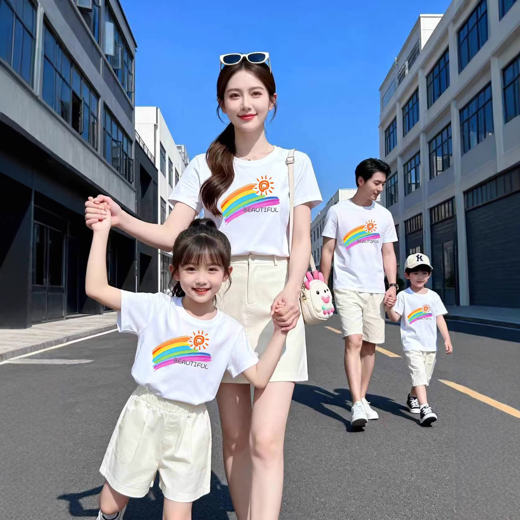爆款亲子装阳光七色彩虹学校运动会班服一家三四口短袖T恤纯棉
