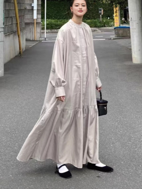 日系2025新款大码女装宽松舒适长袖纯色连衣裙  现货|undefined