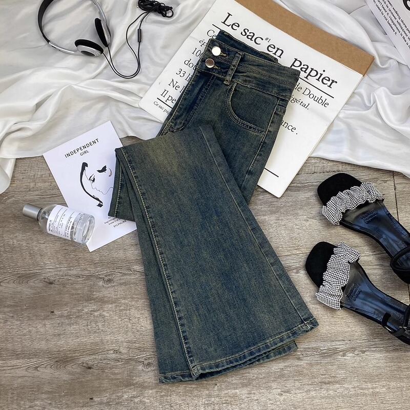Skinny jeans women's spring new high waist stretch slim fit casual retro cement gray trousers flared pants