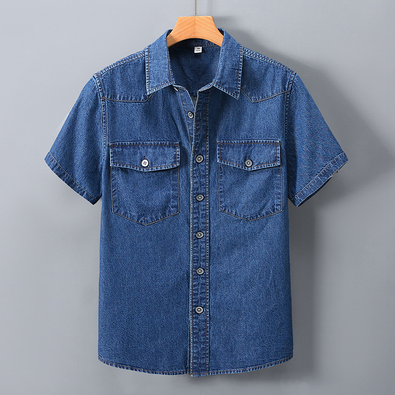 Denim shirt men's summer oversized thin pure cotton half sleeved jacket slim fit lapel short sleeved work shirt_voghion.com