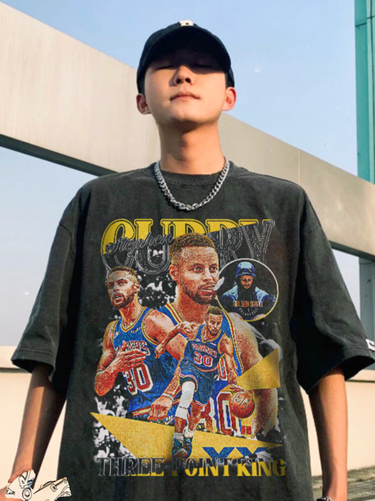 Verano nuevo Curry estilo americano impresión retro baloncesto camiseta de mangas cortas suelta pesada lavado con agua hacer viejos hombres y mujeres t
