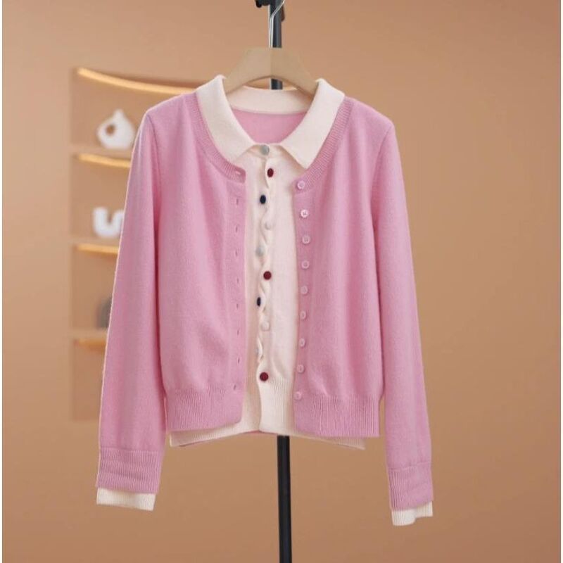 2025 Spring and Autumn New Western Style Fake Two-piece Top Knitted Cardigan Women's Color Button Lasel Sweater Age-reducing Base Shirt
