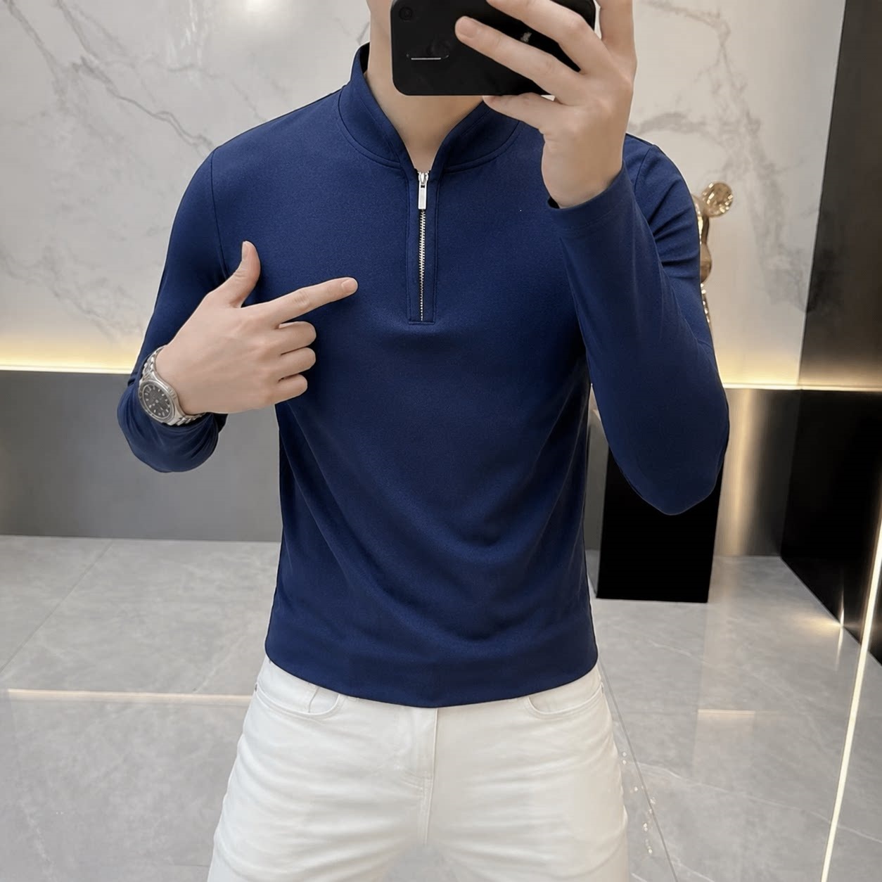 Korean style slim fit fashionable and simple half-zip stand collar base shirt for young men, suitable for spring and autumn, 2026.
