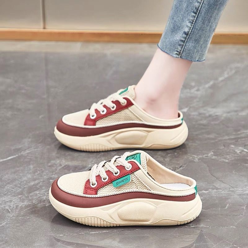 Women's Color-Block Open-Toe Slippers for Foreign Trade, 2025 Spring and Autumn Hong Kong Style Breathable Casual Women's Shoes, Retro Mesh Half Slippers