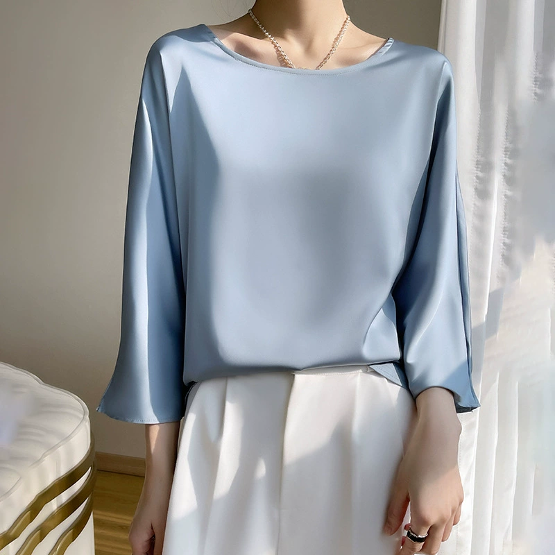 Round-neck women's pullover, satin-look emulation silk, thin commuter base shirt, 3/4 sleeves