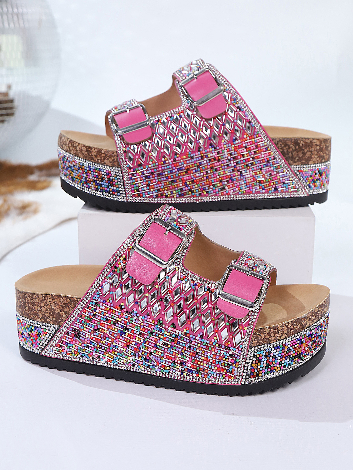 Women's Rhinestone Cork Beach Sandals With Double Buckle Sole_voghion.com