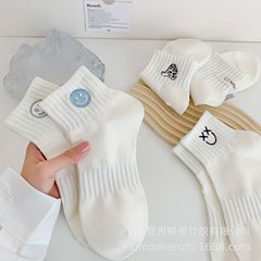 White Socks for Women, Spring and Autumn New Style Knee-High Socks, Instagram Trendy Women's Socks, Cartoon Embroidered Smiling Face, Zhuji Socks