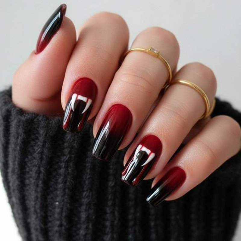 Halloween press-on nails, medium square shape, blood red gradient with black blood drop and fang print design, fake nail patches Halloween press-on nails, medium square shape, blood red gradient with black blood drop and fang print design, fake nail patches