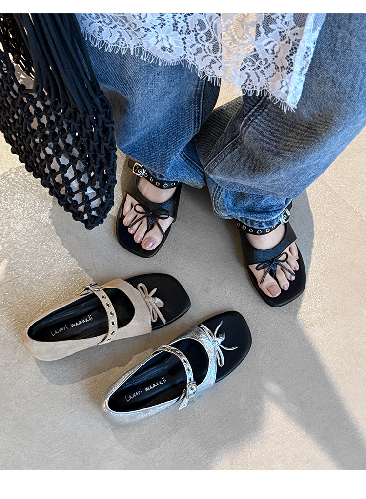 Sandal xỏ ngón đế bệt thiết kế độc đáo nơ bướm quai ngang La Mã — màu đen, màu mơ, bạc chi tiết 23