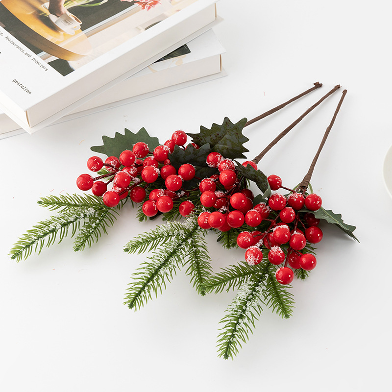 Simulación de decoración navideña transfronteriza Hierba de pino Fruta roja Fruta de una sola rama Baya pequeña Flor de Nochevieja Flor de Navidad Fruta roja