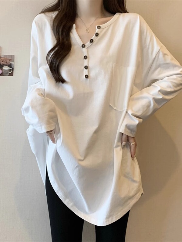 V-neck bottoming shirt women's spring and autumn interior long white long sleeve t-shirt loose slim western style shark pants top
