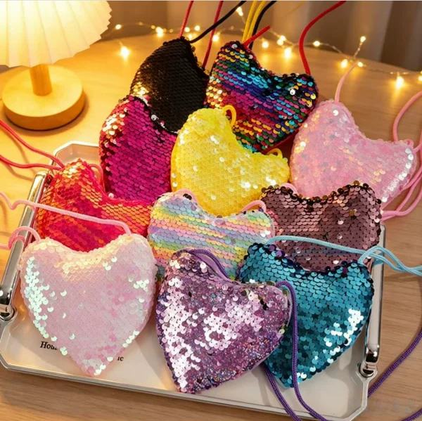 Cross-Border Creative Zipper Backpack for Children with Sequins, Card Holder, Coin Purse, Crossbody Bag for Little Girls, Heart-Shaped, Cute Ins-Style for Young Girls