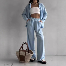 2025跨境欧美亚马逊女装纯色开衫口袋时尚休闲阔腿潮流长裤套装
