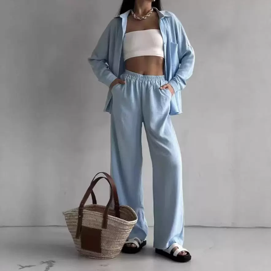 2025跨境欧美亚马逊女装纯色开衫口袋时尚休闲阔腿潮流长裤套装