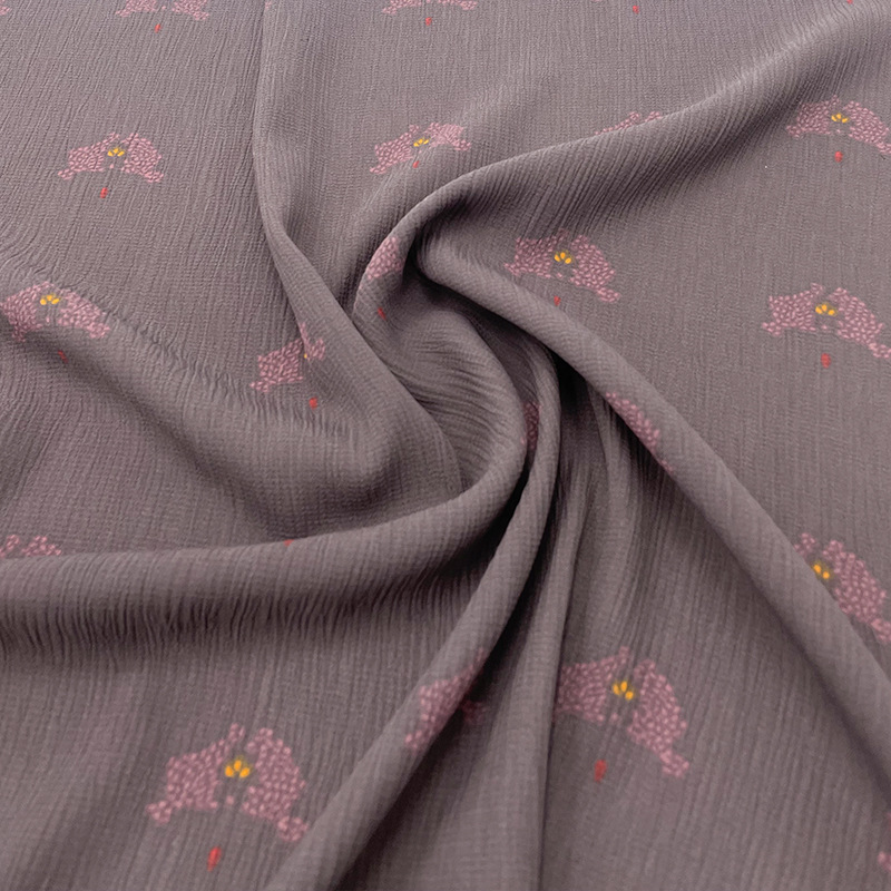 F布艺岛 灰紫色褶皱印花磨砂感麻纱面料 亲肤透气汉服连衣裙布料A