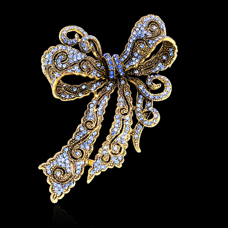Cross-Border Hot-Selling Creative Rhinestone Brooch for Women Alloy Electroplating Retro Bow Women's Corsage High-End Accessories Pin