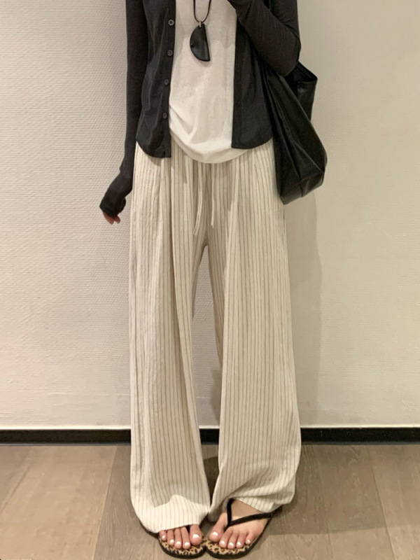 日系棉麻条纹阔腿裤女春秋松弛感高腰休闲简约显瘦百搭拖地直筒裤|undefined