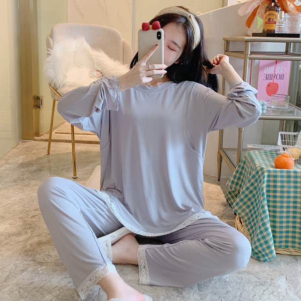 모달 월간 의류 봄과 가을 둥근 목 풀오버 임산부 잠옷은 6 개의 땀을 흡수하는 단색 세트 모유 수유 할 수 있습니다.