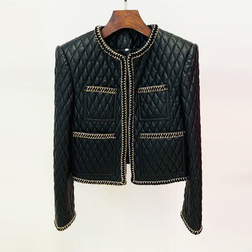 2024 European and American celebrity fashion new heavy industry chain trim rhombus leather jacket cardigan coat