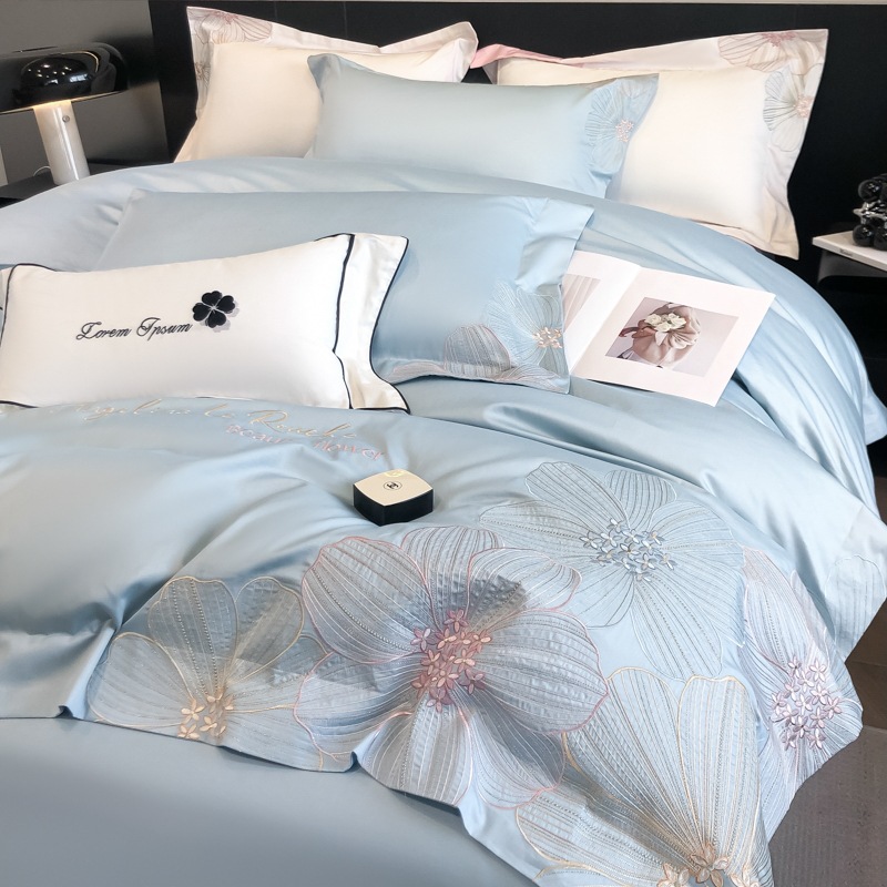 Cama de algodón de fibra larga de cuatro piezas 100 piezas de algodón puro, ropa de cama ligera de lujo de alta calidad, funda de edredón, ropa de cama bordada 4