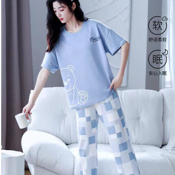Venta al por mayor transfronteriza de nuevo estilo pijamas de cuello redondo pantalones de manga corta para mujer verano fino imitación algodón dibujos animados casual servicio a domicilio traje simple image 10