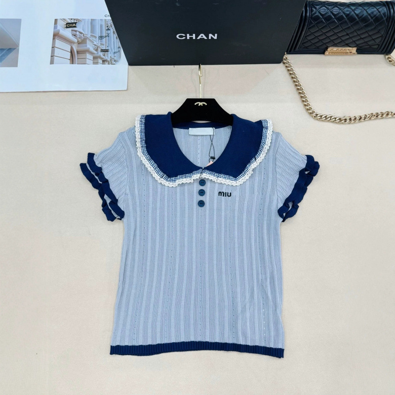 Shenzhen Nanyou Goods ~ High-End Version m Brand 26 Summer New Model Solid Color Lace Trim Doll Collar Knit Short-Sleeve Top