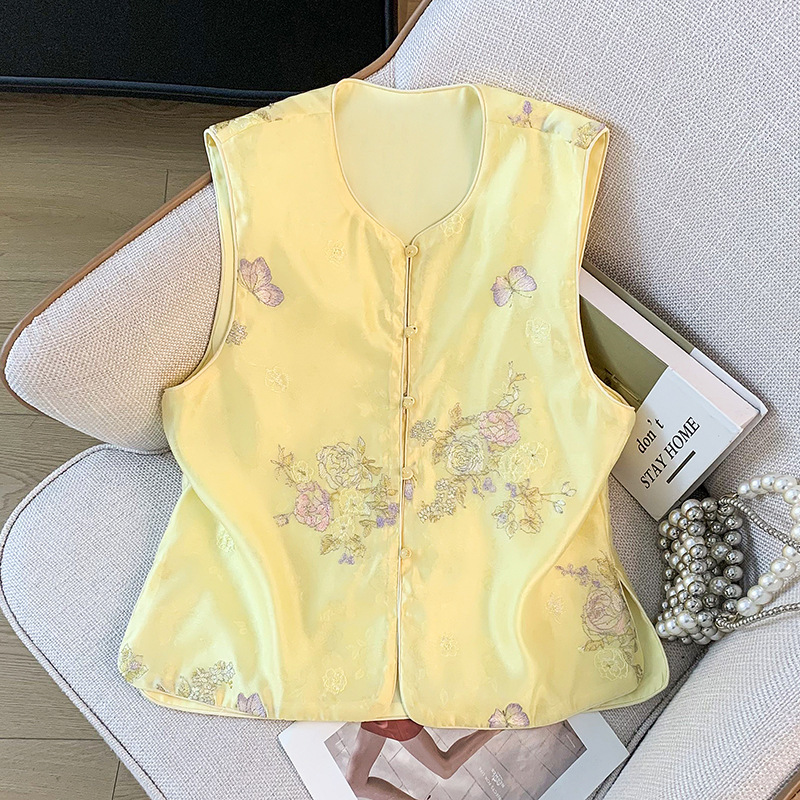 Real Shot of New Chinese-Style Tang Suit Hanfu with Button Satin Jacquard Heavy Embroidery Improved Vest Retro Top