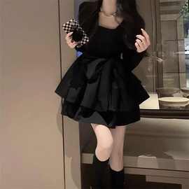 赫本黑色方领连衣裙秋冬新款设计蝴蝶结收腰显高蓬蓬裙