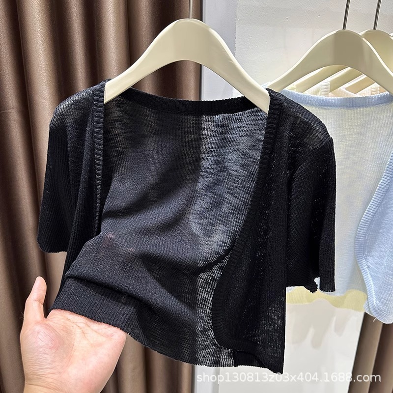サスペンダースカートと女性用ショートカーディガン、夏用薄手半袖白日焼け止めブラウス、通気性のあるアイスシルクニットトップ|undefined