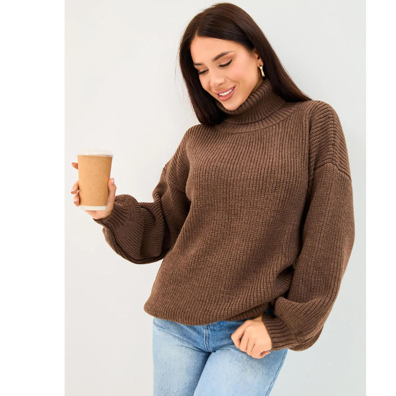 European and American Women's Clothing Cross-Border In-Stock Large Size Mid-Length Pullover Sweater Coat Russian High-Neck Knitted Top