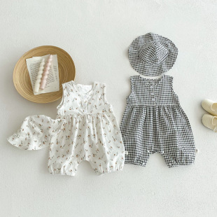 2025 New Summer Style Baby Girl Floral Plaid Sleeveless Thin Jumpsuit Boy's Stylish Baggy Clothes