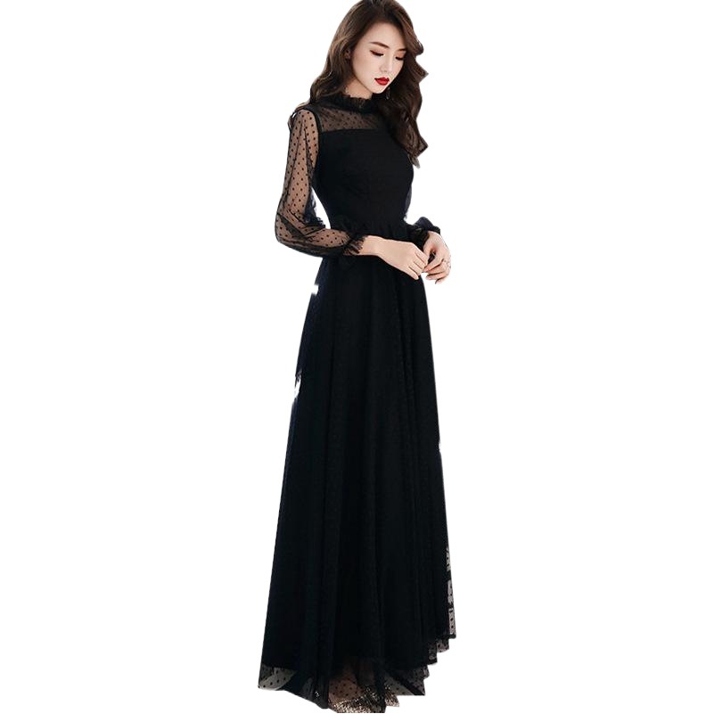 Vestido de noche negro para mujer, nuevo estilo 2025, elegante para banquetes, vestido largo de manga larga con temperamento elegante para reuniones de sociedad