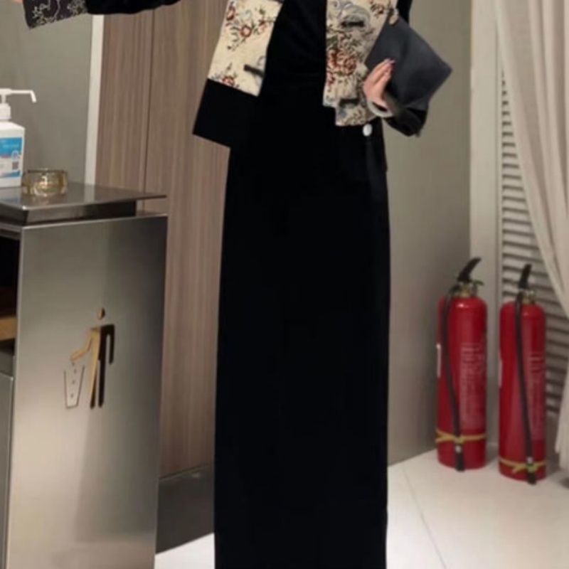新中式国风早秋穿搭一整套端庄大气马甲黑色丝绒连衣裙两件套女装|undefined