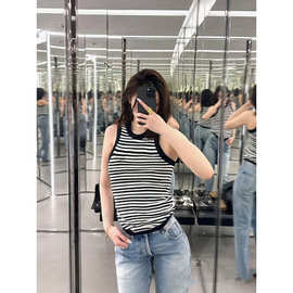 南油女装黑白条纹工字背心女无袖修身常规针织内搭上衣2025夏装