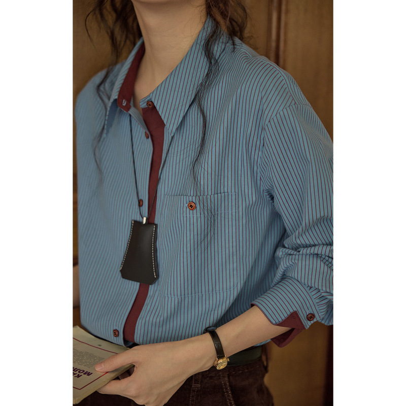Solighter French Retro Contrast Vertical Stripesd Shirt Women's Autum Versatile Elegant Brushed Long-Sleeved Top
