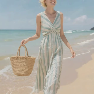 欧美度假气质女士夏季棉麻V领无袖条纹连衣裙