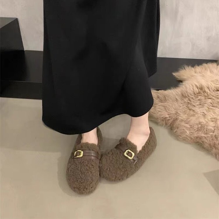 2025新款羊羔毛毛鞋女外穿秋冬加绒保暖豆豆鞋温柔一脚蹬棉鞋|undefined