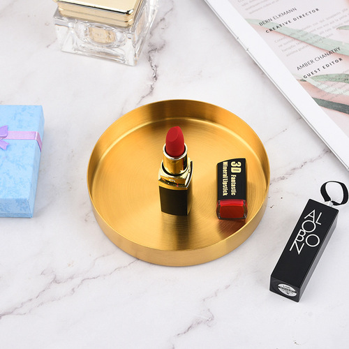 Nordic ins style light luxury storage disc gold stainless steel round straight edge tray cosmetics jewelry tea tray