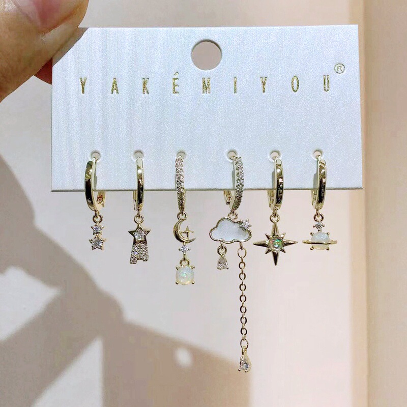 Manufacturer Wholesale European and American Fashion Star Cloud Zircon Earrings and Ear Clips 6-Piece Set, Light Luxury Cross-Border Earring Set