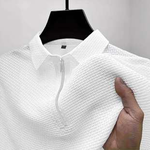 New Summer T-Shirt Short-Sleeved Short-Sleeved Classy Mesh Ice Silk Short-Sleeved T-Shirt Men's Shirt Collar Summer Pure Color Half-Zip Shirt