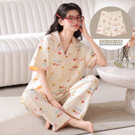 夏季纯棉女短袖短裤长裤三件套开衫翻领睡衣休闲女家居服