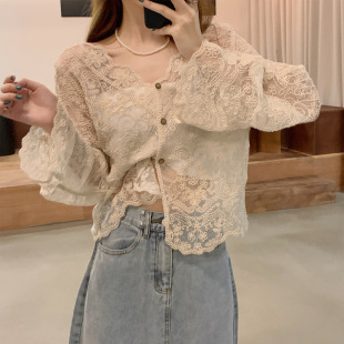 Plus Size Cut Out Fairy Sexy Lace Top Women's Spring and Summer Thin Sun Protection Blouse 2025 New Short Cardigan Trend