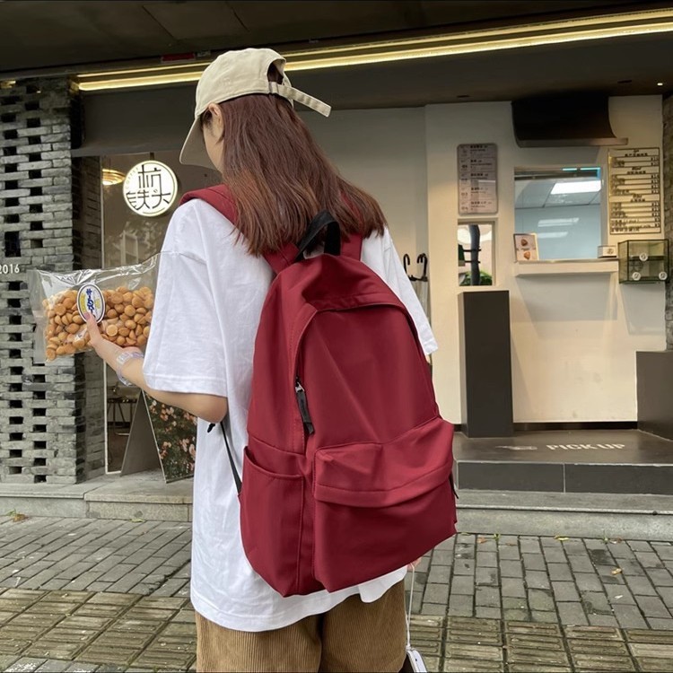 日系书包少女复古风纯色百搭双肩包初中高中大学生大容量背包男生|undefined