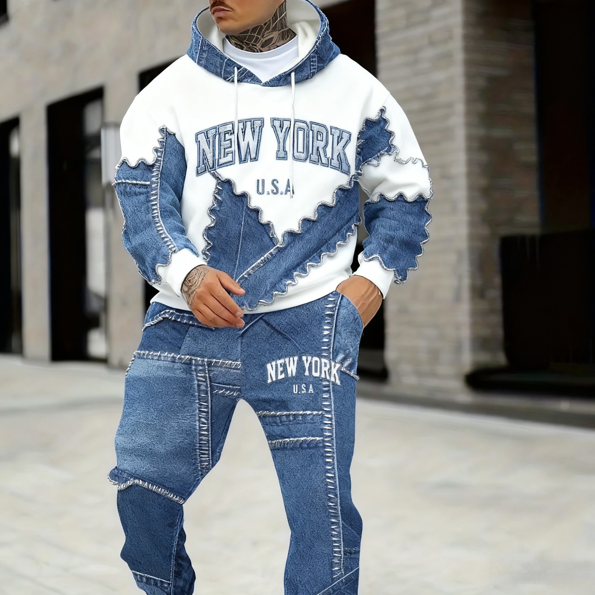 Ensemble sweat à capuche et jogging homme effet denim noir_voghion.com