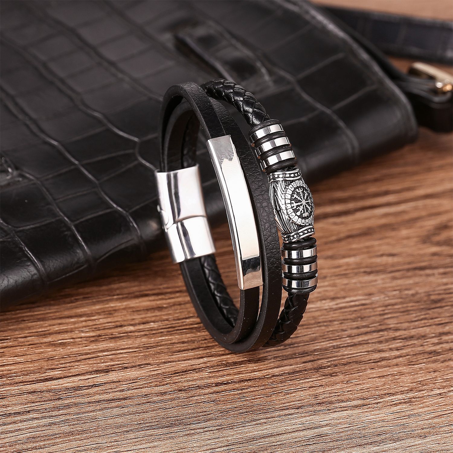 Fashionable Men's Bracelets, Versatile Multi-Layered Woven Leather Bracelets, Nordic Viking Totem Titanium Steel Leather Bracelets, Handmade