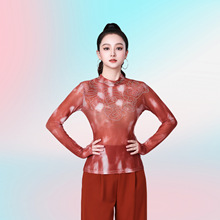 工厂直销2025秋装新款高领长袖网纱印花舞蹈服女小高领打底衫上衣