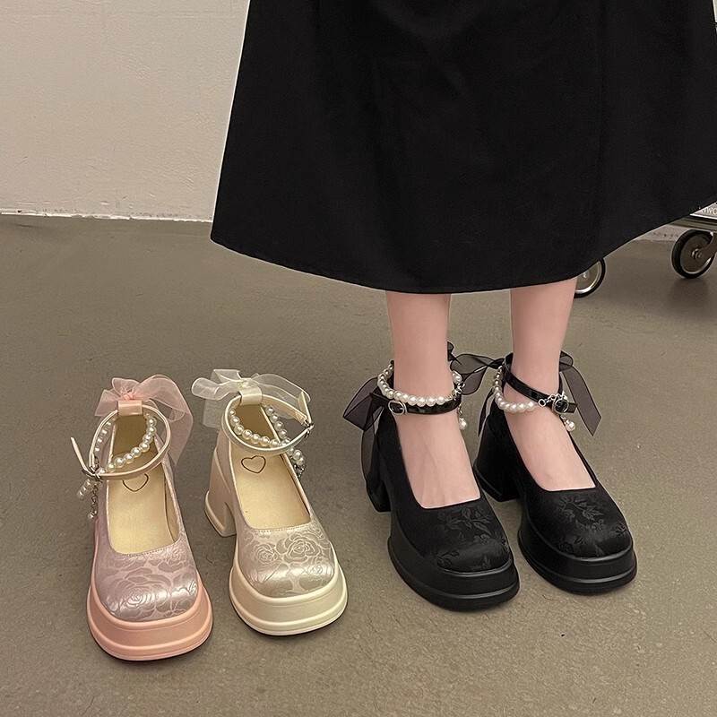 High Heels Women's 2025 Spring New Thick Heel Mary Jane Shoes New Chinoiserie Thick Sole National Style Pearl Small Leather Shoes