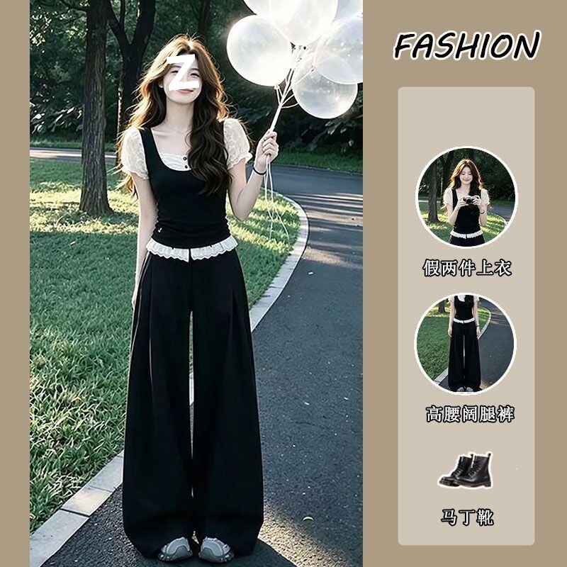 Women's Set 2026 Summer New Style Pure Desire Spicy Girl Fake Two-Piece Short-Sleeve T-Shirt High-Waisted Slimming Wide-Leg Pants Two-Piece Set Women's Set 2026 Summer New Style Pure Desire Spicy Girl Fake Two-Piece Short-Sleeve T-Shirt High-Waisted Slimming Wide-Leg Pants Two-Piece Set