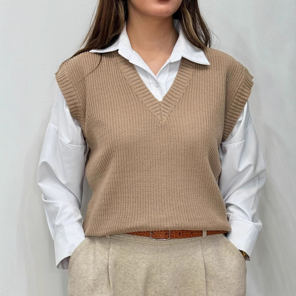 2024 otoño nuevo estilo europeo y americano Amazon transfronterizo casual versátil camiseta de punto de cuello en V suelta chaleco de punto