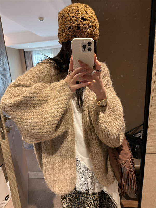 韩系慵懒松弛感灯笼袖软糯羊驼毛针织大开衫女早秋休闲毛衣外套|undefined
